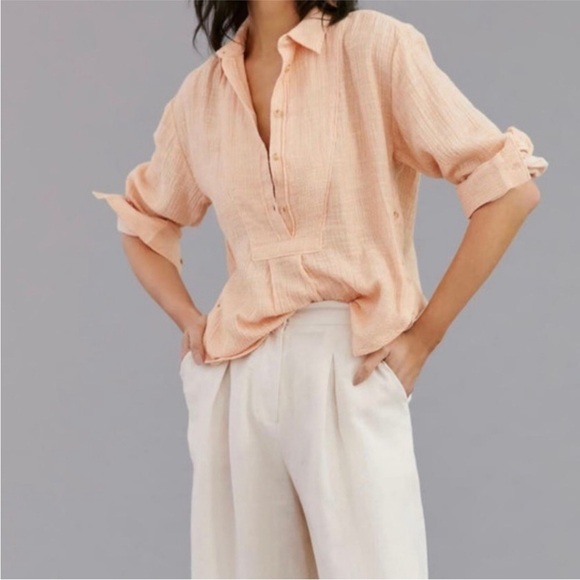 Anthropologie Tops - By Anthropologie Boho Gauzy Cotton V-Neck Side Button Popover Shirt Medium